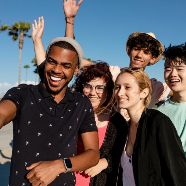Group shot of best friends, summer in Venice Beach, Los Angeles