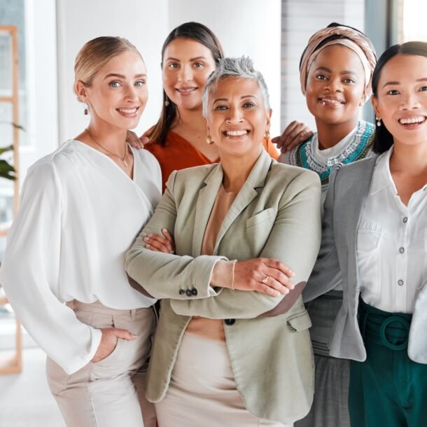 Diversity, portrait and business women with support, teamwork and group empowerment in office leade